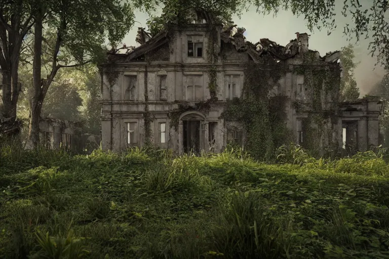 Prompt: ruined, abandoned polish mansion, seen from inside and overgrown by plants. First light of day falls through the broken windows. Dirt, leaves on ground. Octane render. Substance painter. Zbrush. Trending on artstation. 8K. Highly detailed.