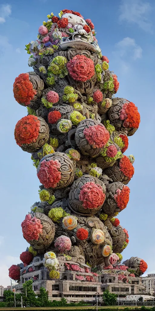 Image similar to colossal grotesque flower made from best unfulfilled mankind projects in the middle of abandoned post soviet constructivist cityscape, Stalinist architecture, ultradetailed, Intricate by Hayao Miyazaki and Josan Gonzalez and Makoto Shinkai and Giuseppe Arcimboldo and Wes Anderson