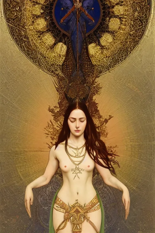 Image similar to a full body portrait of a beautiful ethereal delicate babylonian mage queen meditative sacral pose catholic stages of the cross, intricate, elegant, highly detailed, digital painting, artstation, concept art, smooth, sharp focus, illustration, art by krenz cushart and artem demura and alphonse mucha