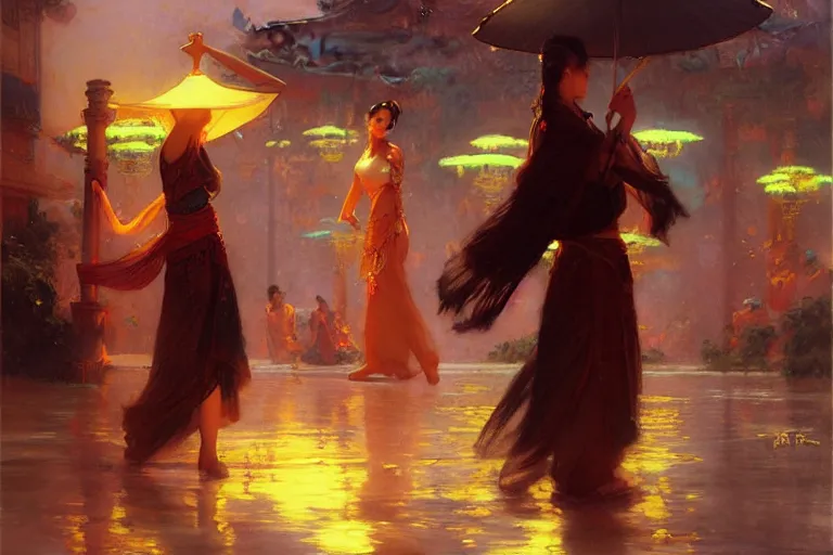 Image similar to wuxia, summer, neon light, painting by gaston bussiere, craig mullins, j. c. leyendecker