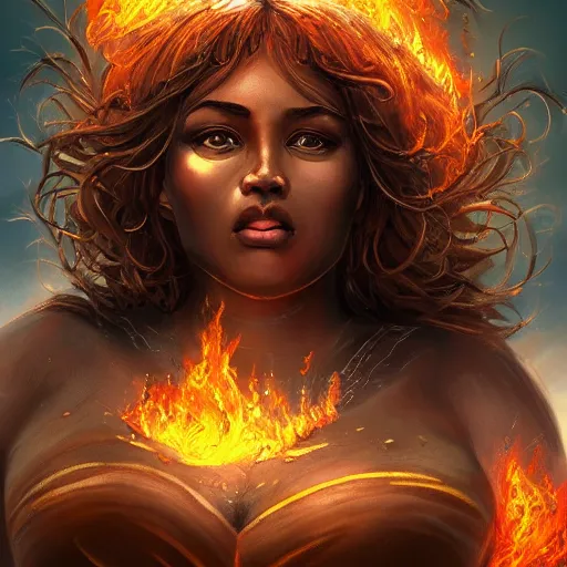 Image similar to a colossal goddess is watching us from above, creative, brown skin, giant, digital art, village, town, highly detailed, photo manipulation, up there, dark clouds, dark gray hair, digital painting, on fire, smoke, artstation