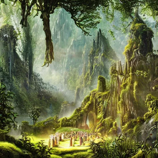 Prompt: a beautiful and highly detailed oil painting of an elven temple in the mountains, beautiful vine covered trees, lush plant growth, tall grass, flowers, intricate details, epic scale, insanely complex, rivendell, 8 k, sharp focus, hyper realism, fantasy landscape, psychedelic, by caspar friedrich,