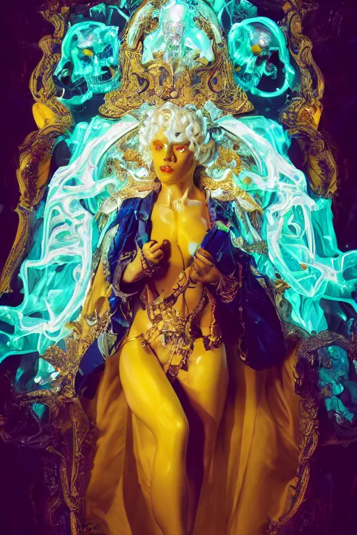 Prompt: photo of fullbody rococo and cyberpunk delicate neon crystalline sculpture of seductive muscular onyx albino marble prince camilo echeverry teal iridescent humanoid deity wearing yellow plastic hooded cloak holding an onyx skull in a onyx space dungeon, reclining, glowing yellow face, crown of white diamonds, cinematic lighting, photorealistic, octane render 8 k depth of field 3 d
