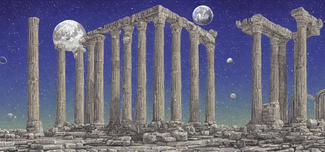 Image similar to The ruins of the Silver Millennium on the moon from Sailor Moon, digital painting, planet Earth in the distance, Greek-esque columns and ruins