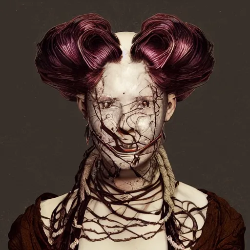 Image similar to portrait of a Shibari rope wrapped face and neck, headshot, insanely nice professional hair style, dramatic hair color, digital painting, of a old 17th century, old cyborg Njurse, amber jewels, baroque, ornate clothing, scifi, realistic, hyperdetailed, chiaroscuro, concept art, art by Franz Hals and Jon Foster and Ayami Kojima and Amano and Karol Bak,