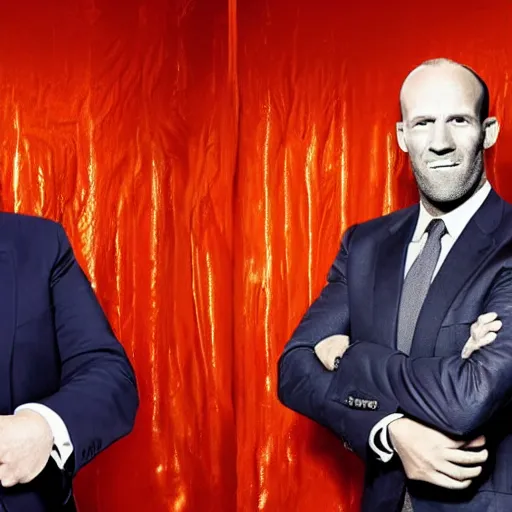 Prompt: a highly detailed hyper realistic photo of DONALD TRUMP and jason statham standing, smiling towards each other, inside a fabric house. The walls and ceiling are billowing translucent deep orange fabric. The room is finished with contemporary furniture by the campana brothers. The wind is blowing. The space glows with natural light. The fabric is held by thin steel and wood