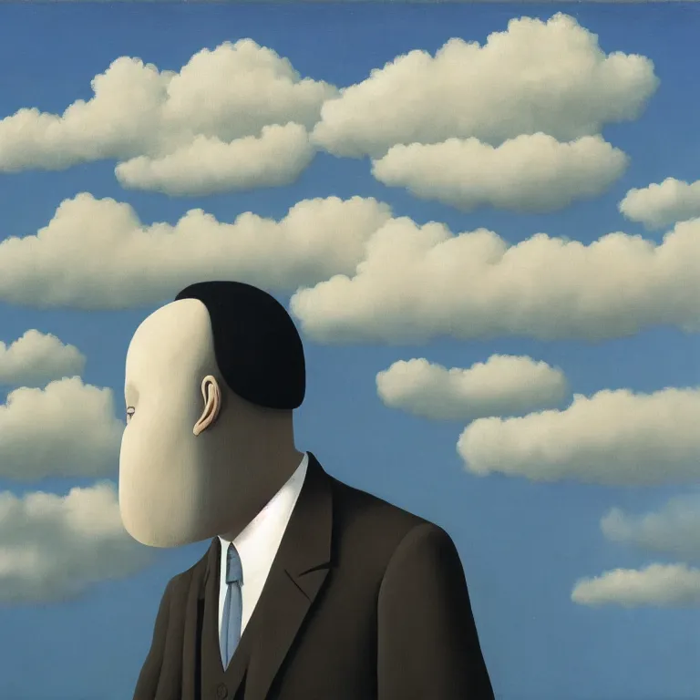 Image similar to portrait of a faceless tulip - head man in a suit, clouds in the background, by rene magritte, detailed painting, distance, middle centered, hd, hq, high resolution, high detail, 4 k, 8 k