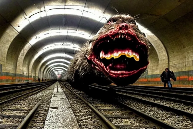 Image similar to very large giant mutant zombie irradiated ( angry rat ) staying on railways in tonnel of moscow subway. tonnel, railways, giant angry rat, furr, fangs, very realistic. extreme long shot, rusty colors, anish kapoor, ( herman nitsch, giger ).