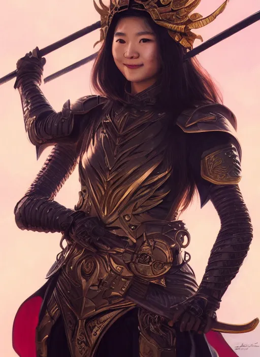 Image similar to Close-up portrait of smiling young asian woman wearing a black armor with skulls and a winged helmet and, holding a magic staff, portrait, fireball, highly detailed, digital painting, artstation, concept art, sharp focus, illustration, art by artgerm and greg rutkowski and alphonse mucha