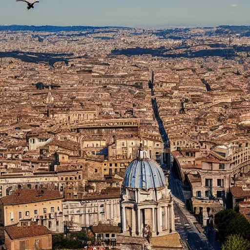 Prompt: An Angel flies over the cityscape of Rome. He looks like a young Brad Pitt and extends his wings over the landscape. Filmed in the style of Wim Wenders. Cinematic, 50mm, highly intricate in technicolor