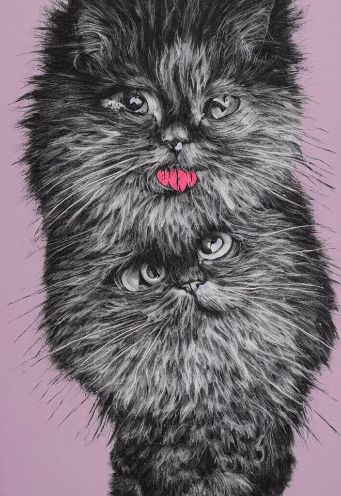 Image similar to fluffy cat with an afro comb t - shirt design, by jules julien, alex yanes, dark grisaille monochrome neon spraypaint, ironic surrealism, hypebeast