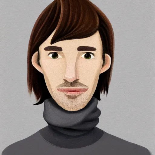 Image similar to gangly man with short blond brown wavy hair, blond brown stubble beard, no mustache, English heritage, grey eyes, middle aged, wearing a turtleneck and jacket, pale skin, narrow face, digital art, painterly, cartoon, cute, 8k, illustration, art by loish, painterly, trending on artstation, medium shot, uncropped