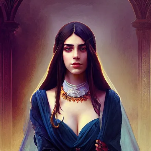 Image similar to A seductive twenty year old Mesopotamian witch in training, fully clothed in a major Mesopotamian city, portrait, highly detailed, digital painting, artstation, concept art, sharp focus, illustration, cinematic lighting, art by artgerm and greg rutkowski and alphonse mucha