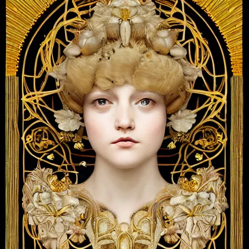 Prompt: a beautiful girl made of ivory and gold, highly intricate, digital art, very detailed, in the style of a liminal modern art nouveau flemish painting