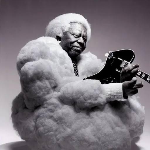 Prompt: b. b king, sitting in a fluffy cloud, playing an electric semi - hollow guitar. beautiful realistic sculpture, dramatic, moody