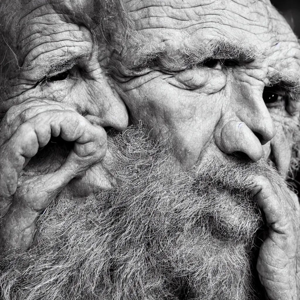 Image similar to an ancient man, extreme wrinkles, time weighs heavily, old beyond his years