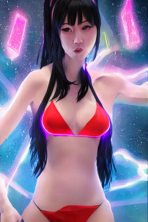 Image similar to portrait of Queen of the Multiverse, teen Japanese female from Kakegurui, rule of thirds, captivating glowing lights, posing for Dolce and Gabanna, seductive, revealing, transparent bikini, set on interstellar space, photo realistic by Yaşar VURDEM , artstation, unreal engine, character concept art. sz Zak and Taro Okamoto and Gal Barkan, high quality printing, fine art with subtle redshift rendering