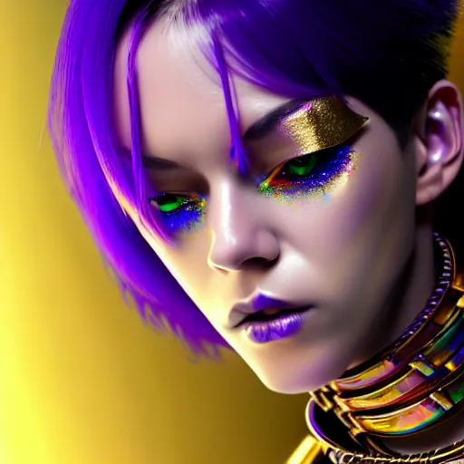 Image similar to hyperdetailed close portrait of a stunningly beautiful cyberpunk girl androgynous wizard guard made of iridescent metals and shiny purple gems, bright rainbow nimbus, transparent necklace, gold background inspired by ross tran and masamune shirow and kuvshinov, concept art, intricate, photorealistic, octane render, rtx, hdr, unreal engine, dnd digital art by artgerm
