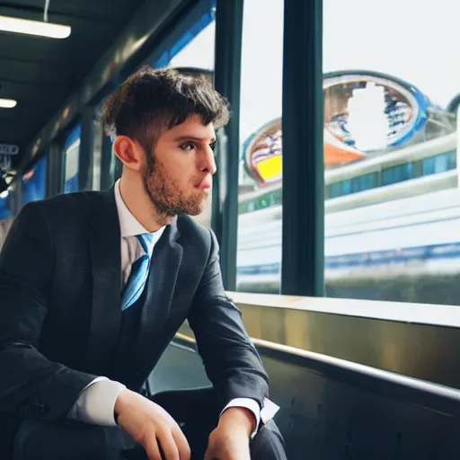 Image similar to a man in a suit waiting at a train station with a view of outer space across from him