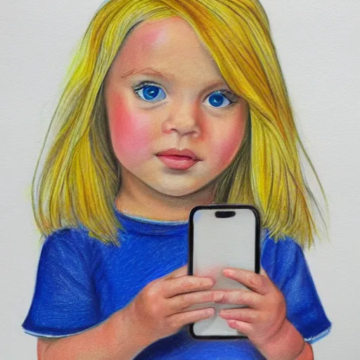 Image similar to 3 year old blonde girl with iphone, colored pencil on white background by eloise wilkin