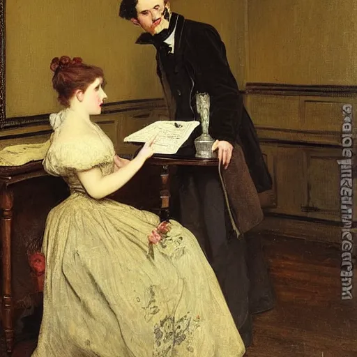 Image similar to young victorian man and woman solving an escape room riddle, painted by alfred stevens