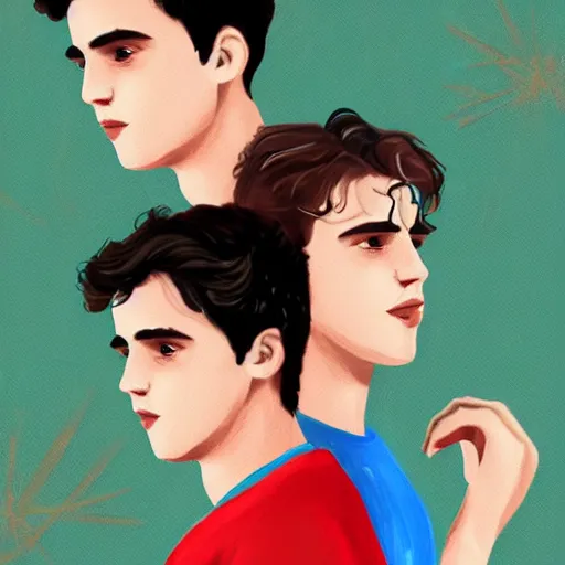 Prompt: call me by your name digital art, two boys in italy