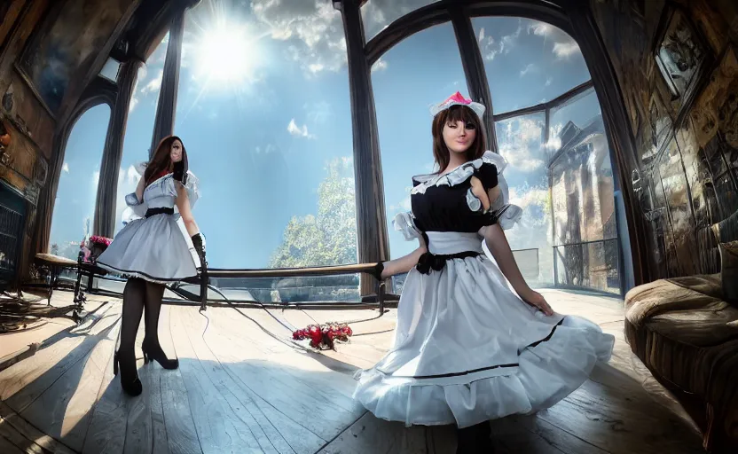 Image similar to a french maid, cinematic, 3 6 0 panorama, lens flare, 4 k, 8 k, 1 6 k, 3 2 k, ultra - hd, super - resolution, megapixel, natural lighting, sunlight, cinematic lighting, studio lighting, volumetric, full body photoshoot