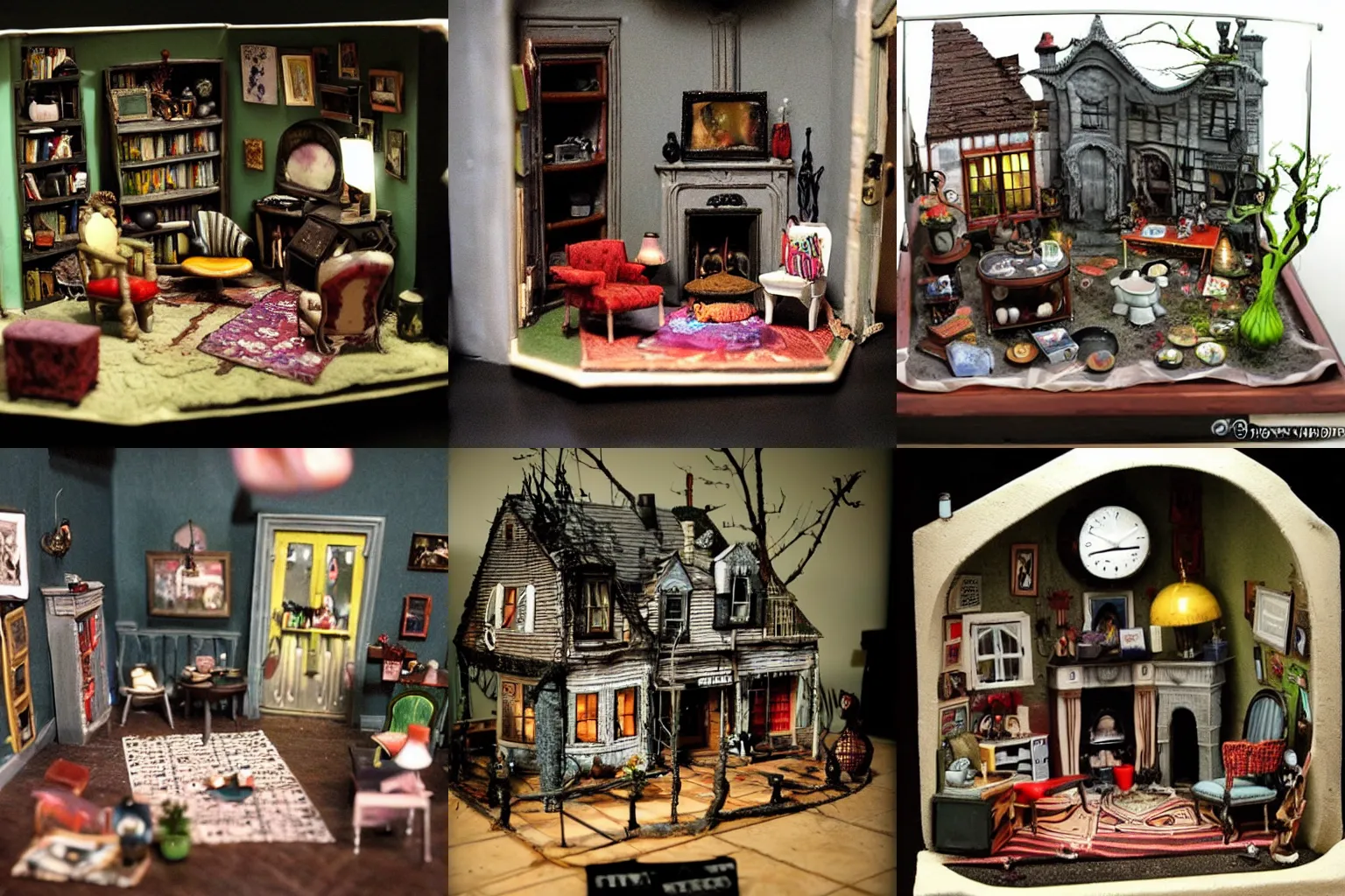 Prompt: miniature diorama of tim burton's living room