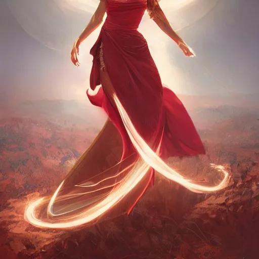 Prompt: A woman floats in midair, encircled by a ring of fire. She wears a crimson gown and her hair is wild and flowing. In her hands she holds a staff adorned with a large crystal ball, trending on artstation, by Lulu Chen and Mandy Jurgens