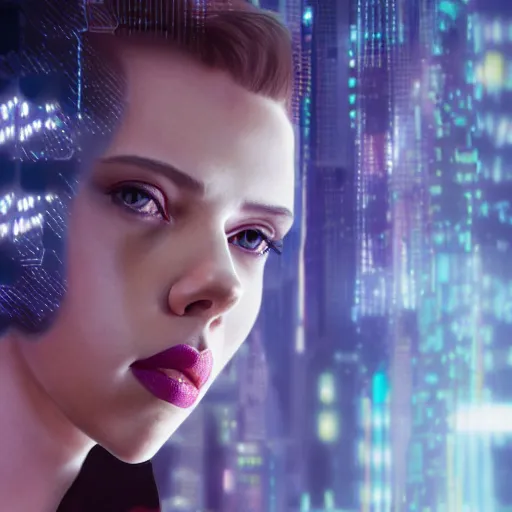 Prompt: Scarlett Johansson as a cyberpunk girl portrait with depth of field inspired by ghost in the shell