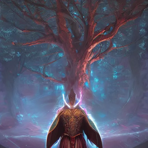 Prompt: ryan reynolds wearing wizard robes leans against a magical tree romance blue eyes novel fantasy artwork epic detailed and intricate digital painting trending on artstation by wlop octane render