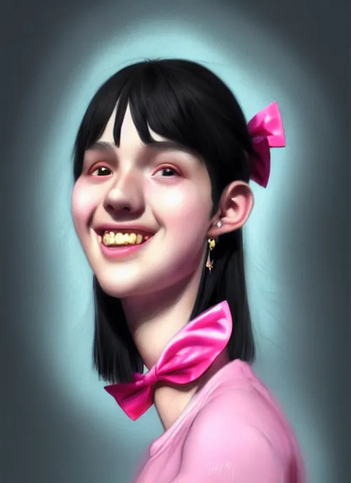 Image similar to portrait of high school girl, realistic, black hair, bangs, half updo hairstyle, pointy nose, skinny, smile, ugly, defined jawline, big chin, pink hair bow, earrings, intricate, elegant, glowing lights, highly detailed, digital painting, artstation, sharp focus, illustration, art by wlop, mars ravelo and greg rutkowski