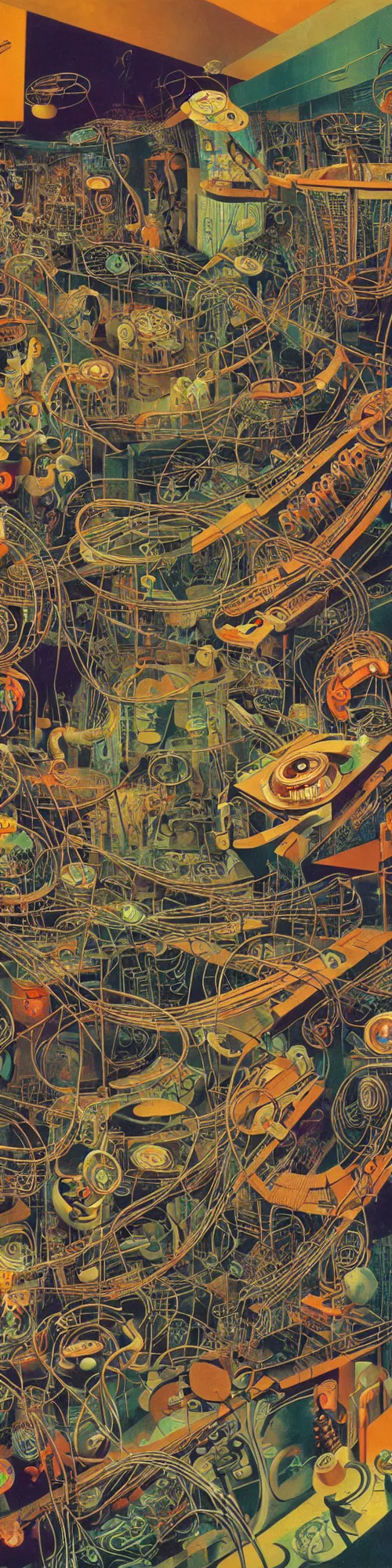 Prompt: epic mural of bio mechanical game console becoming sentient, loose wires of various sizes and textures, rgb tubing ripped, victor ngai, basil wolverton, hr giger, dali, picasso, rom emglish, cubism, muted but vibrant color pallet