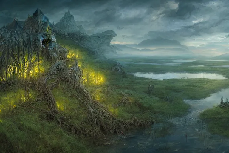 Image similar to aerial view, fantasy painting, dungeons and dragons, a faerie village hovels, swamp reeds wetland marsh sunset estuary, with ominous shadows, an egret by jessica rossier and brian froud cinematic painting