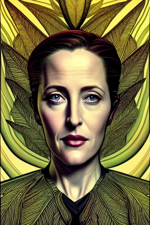 Image similar to young gillian anderson portrait, art deco, x - files, intricate art deco leaf designs, elegant, highly detailed, sharp focus, art by artgerm and beeple and greg rutkowski and wlop