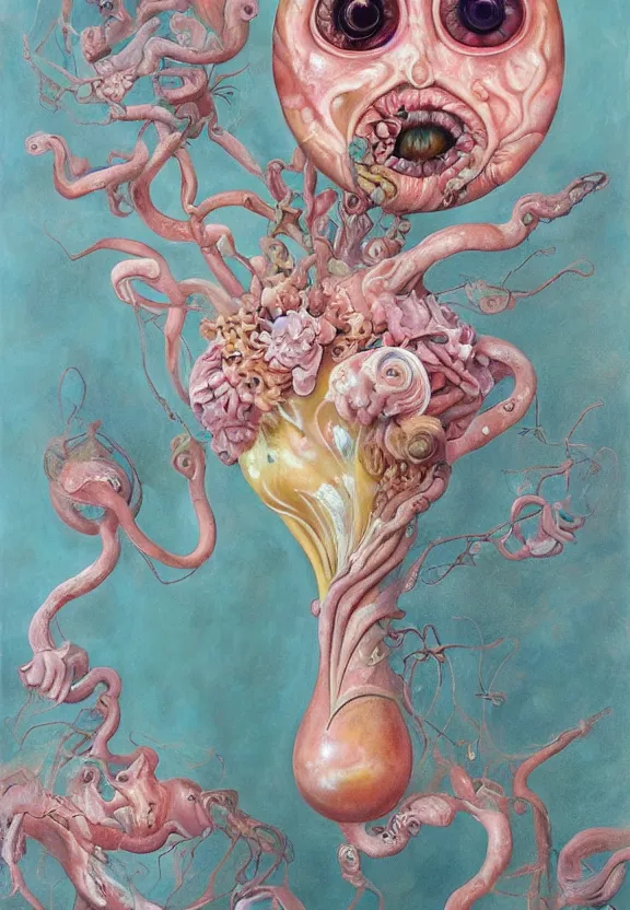 Image similar to a biomorphic painting of a vase with flowers and eyeballs in it, a surrealist painting by marco mazzoni, by dorothea tanning, pastel blues and pinks, lips, melting, plastic, featured on artstation, metaphysical painting, oil on canvas, fluid acrylic pour art, airbrush art, seapunk, rococo, lovecraftian