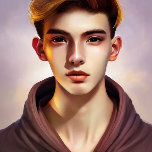 Prompt: colorful Captivating teenage boy with brown blond short quiff hair and thin facial structure with cleft chin, crooked nose, good definition of cheekbones, Alert brown eyes, narrow face, slim body, wearing a detailed Japanese kimono with golden details, atmospheric lighting, painted, intricate, 4k, highly detailed by Charlie Bowater