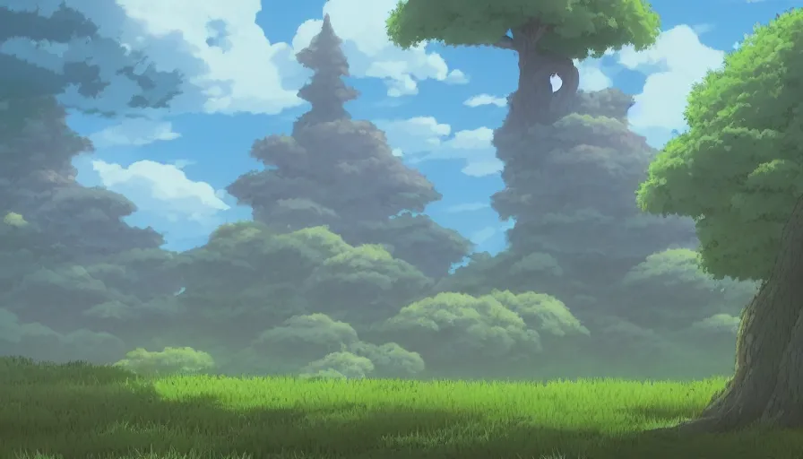 Prompt: a landscape of a single tree with bushes nearby, studio ghibli, castle in the sky, animated, anime, illustrated, vibrant, bypeter chung, telephoto, background on artstation