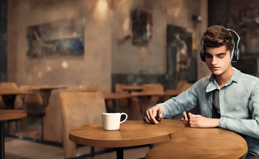 Image similar to a male teenager with headphones in a cafe sitting in front of a table with a coffee, digital painting, masterpiece, digital art, concept art, octane render, unreal engine 5, trending on deviantart, highly detailed, high quality, 4 k, cartoon, high coherence, realistic, anatomically correct, five fingers, relaxing, realistic and detailed face, beautiful, elegant