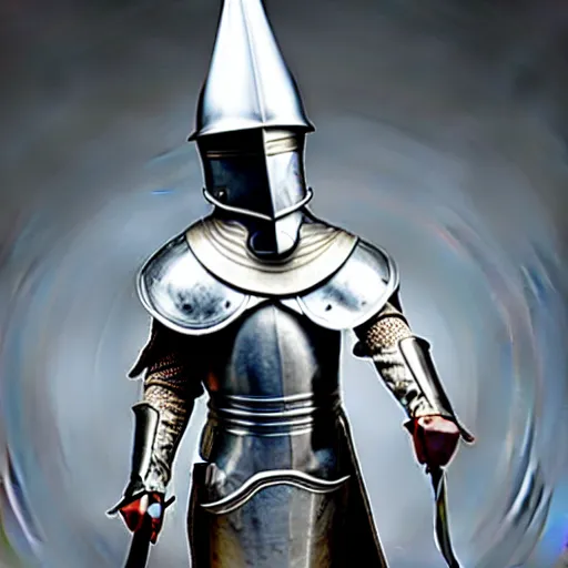 Image similar to a warrior in silver armour, wearing a tall, conical, masked helmet clutching a sword