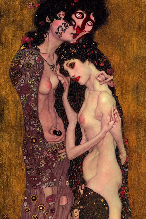 Prompt: two beautiful young succubuses, dark fantasy, kiss, highly detailed, artstation, illustration, art by Gustav Klimt