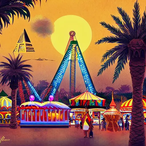 Image similar to a theme park in old egypt, sphynx and pyramids visible, ferris wheel, lights, carnival, illustration, digital art by laura price