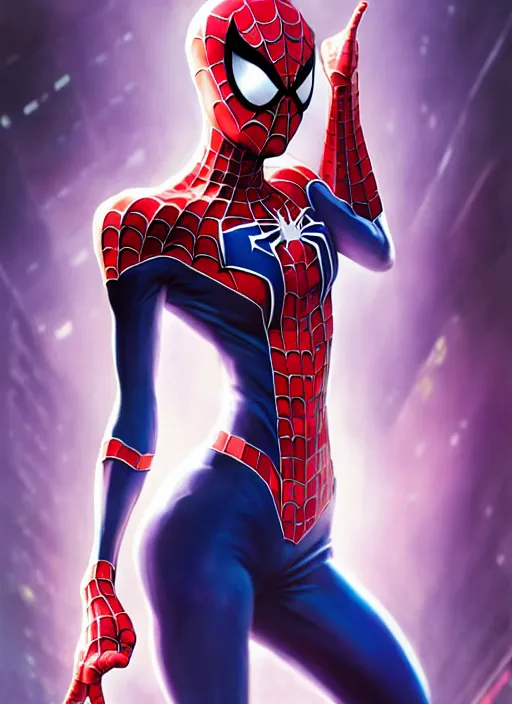 Image similar to full-body portrait Anime spiderman cosplay girl cute-fine-face, pretty face, realistic shaded Perfect face, fine details. Anime. realistic shaded lighting by katsuhiro otomo ghost-in-the-shell, magali villeneuve, artgerm, rutkowski Jeremy Lipkin and Giuseppe Dangelico Pino and Michael Garmash and Rob Rey