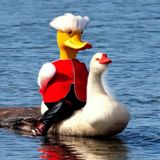 Prompt: donald trump riding a duck