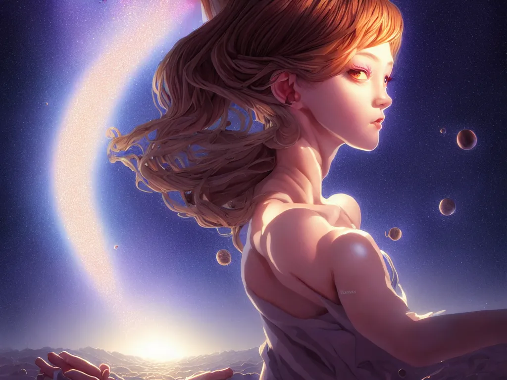 Image similar to a girl wearing a dress made of milky way with outer gods, conquest the earth, occlusion shadow, specular reflection, rim light, unreal engine, artgerm, artstation, art by hiroaki samura and ilya kuvshinov and ossdraws, intricate, highly detailed 8 k, fantasy illustration, extremely beautiful and aesthetic shape of face and body