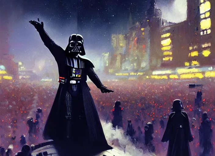 Prompt: gorgeous inspiring Darth Vader enthusiastically waving at a celebrating crowd in a Alderaan fractal bustling modern City by Craig Mullins, ilya kuvshinov, krenz cushart, artgerm trending on artstation by Edward Hopper and Dan Mumford and WLOP and Rutkovsky, Unreal Engine 5, Lumen, Nanite