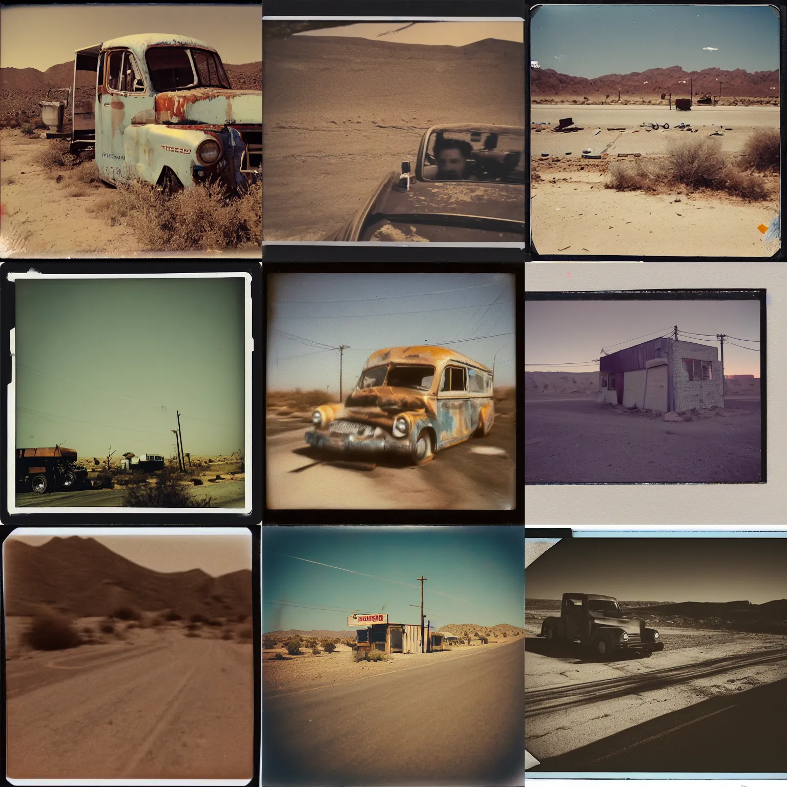 Prompt: polaroid photograph, travel photography, driving past an abandoned bar made of scrap metal and scrap wood in the desert, motion blur