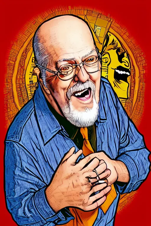 Image similar to an awesome jean giraud digital art masterpiece of robert anton wilson telling jokes at a local bookstore