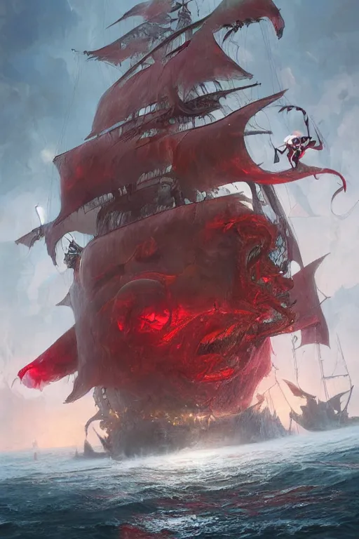 Image similar to a professional digital painting of a monster pirate with many jaws, full body, concept art, sharp detail, focused, illustration, smooth render, red jewels for eyes, pirate ship in background, art style by Ruan Jia and Mandy Jurgens and Ian Spriggs and William-Adolphe Bouguerea