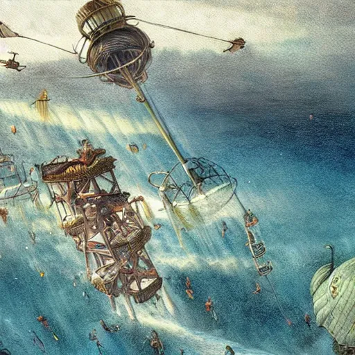 Prompt: waterpark in an airship painting by brain froud, charles vess, cinematic lighting, epic composition, highly detailed